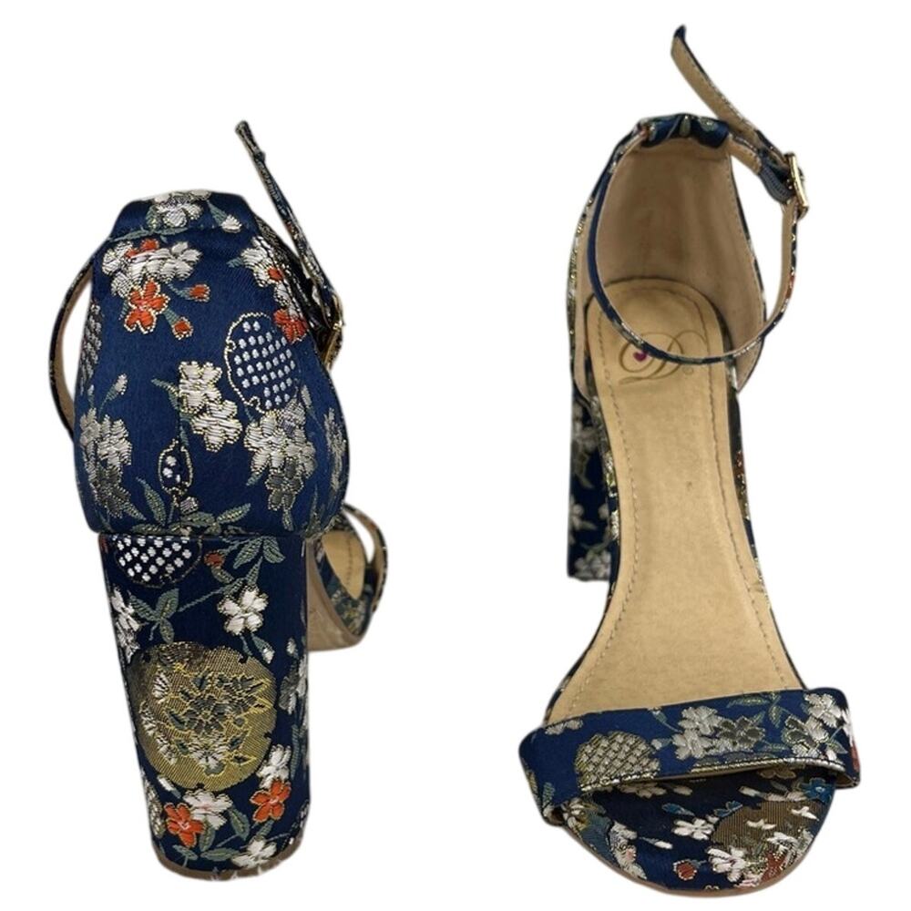 DELICIOUS Navy Blue Floral Oriental Block Heel‎ Ankle Strap Open Toe Sandals 7.5